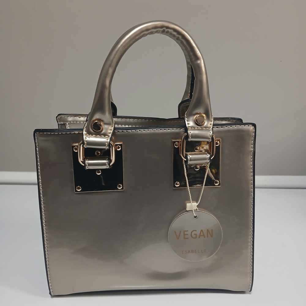 SOLD Vegan Gold Metallic Patent Double Handle Zip Close Mini Purse Crossbody
